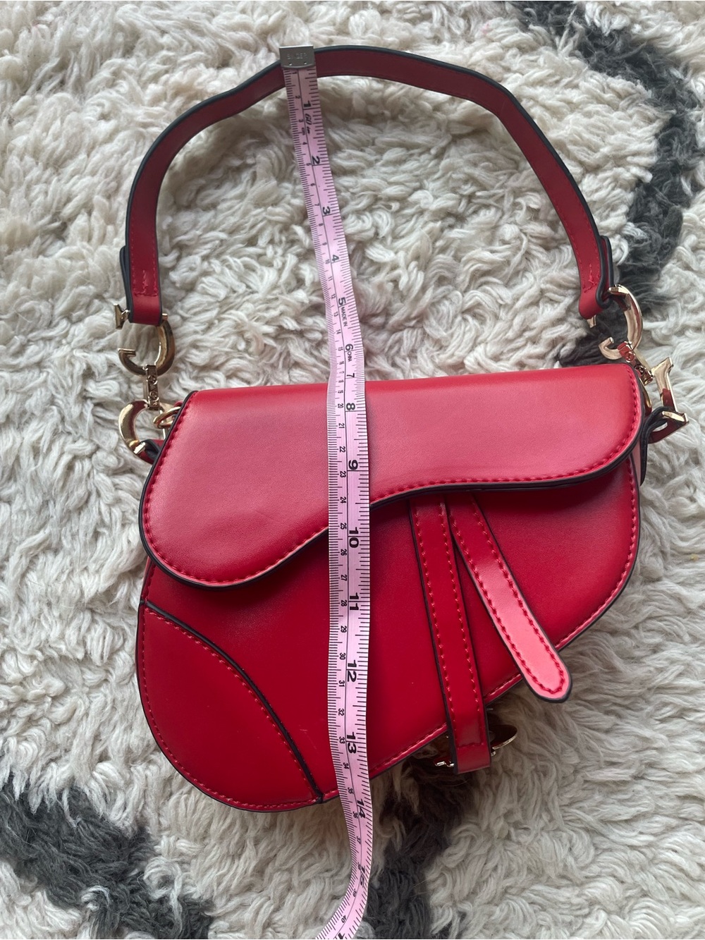 Red Saddle Bag With Gold Charm Shoulder Strap Women's Fashion Inspired - Picture 12 of 12